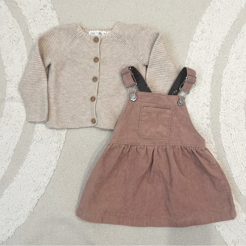 Zara Baby Corduroy Overall Dress & Marled Knit Cardigan Outfit Sz 6-9 months